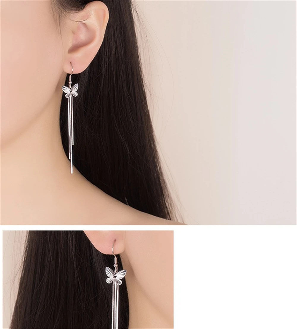 Женский провода уха мода длинный участок серебряный Падение Earrin Бабочка кисточкой преувеличены ювелирные изделия бренда девушки