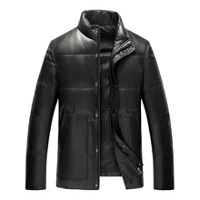 Наивысшее качество; цвет черный из натуральной овечьей кожи пальто зимнее Белая куртка с утиным пухом Стенд воротник Тонкий Повседневная Натуральная кожа куртка мужская