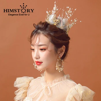 

Elegance Silk Yarn Princess Hair Tiaras Crown Wedding Pearl Butterfly Wedding Bridal Hairwear Gold Hair Accessories Jewelry