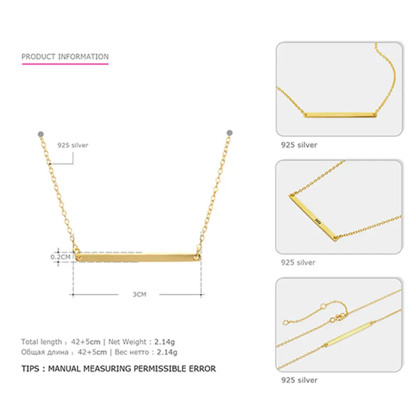Laramoi, 925 пробы, серебряное, позолоченное ожерелье 3 см в форме бара, простое, корейский стиль, дизайнерское, колье для женщин, девушек, вечерние - Цвет камня: Gold