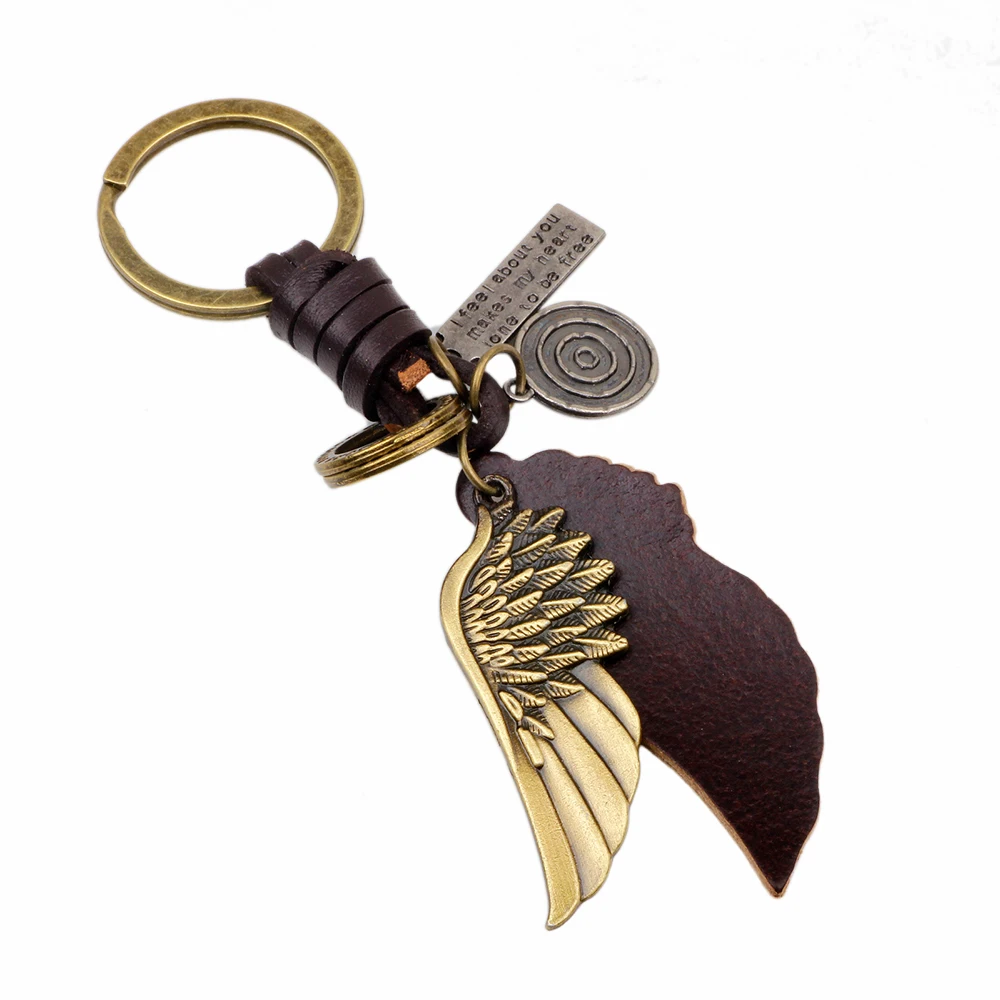

2017 New Arrival Personalized Antique Bronze Angel Wing Shaped Pendant Keychain with Leather Piece