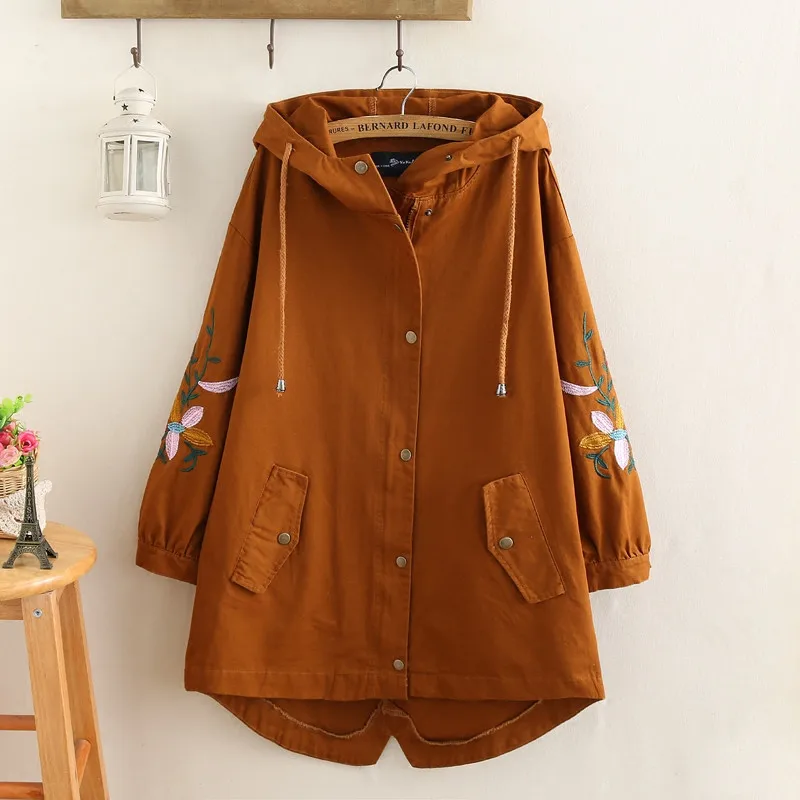 

2019 New Autumn Women Long Trench Coats Plus Size 3XL 4XL Female Fashion Loose Hooded Windbreaker Embroidery Casual Outwear M37
