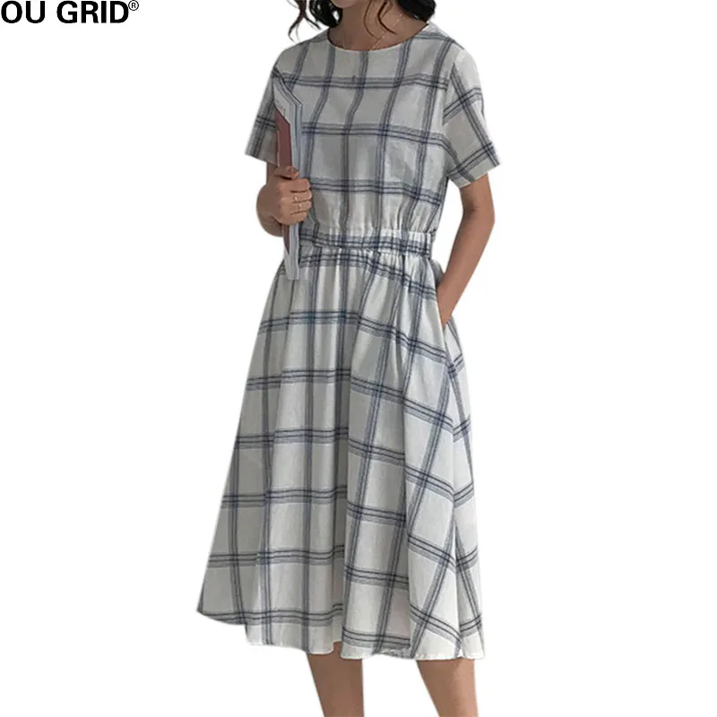 

Women Cotton Casual Dresss 2018 Summer Plaid Floral Print Control Waist Slim Short Sleeve Long A-line Dresses With Pocket
