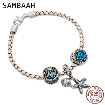 

Sambaah 3mm Chain Italian Braided Leather Bracelet with 925 Sterling Silver Oceanic Starfish Charms for European Basic Bracelet