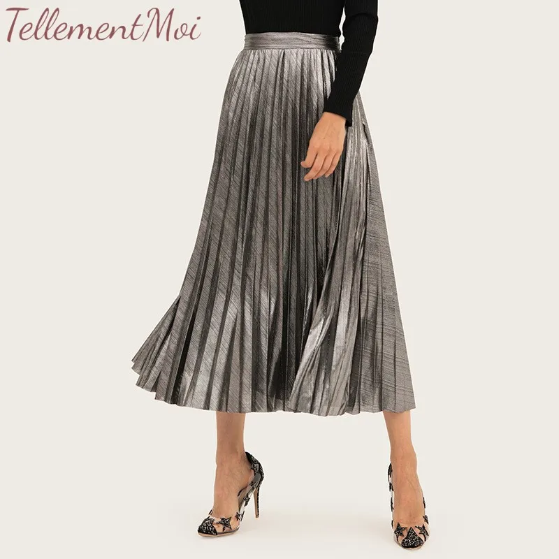 

Spring 2019 Women Long Metallic Silver Maxi Pleated Skirt Solid Color Midi Skirt High Waist Elascity Casual Party Swing Skirt