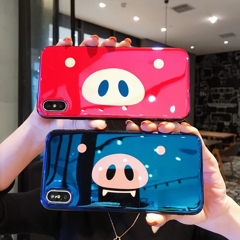 

For iPhone X XR Max Xs 6 6s 7 8 Plus Case TPU Colorful Couple Case Cute girl cartoon Blue light pig nose mobile phone case