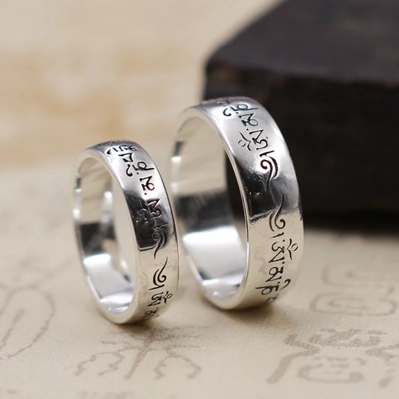 

Solid Silver 925 Simple Brief Design Band Rings Men Women Vintage Tibetan Letters Real 925 Sterling Silver Lovers Ring Jewelry
