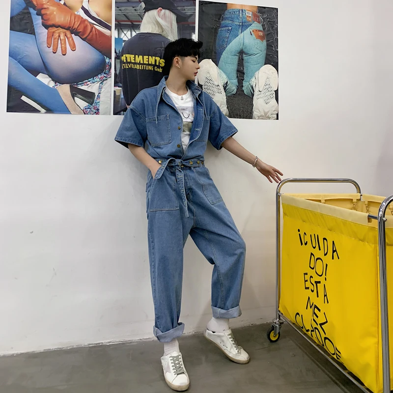 

MIXCUBIC 2019 spring summer British style retro washing Rompers jeans for men casual loose Rompers belt design jeans men,M-XXL