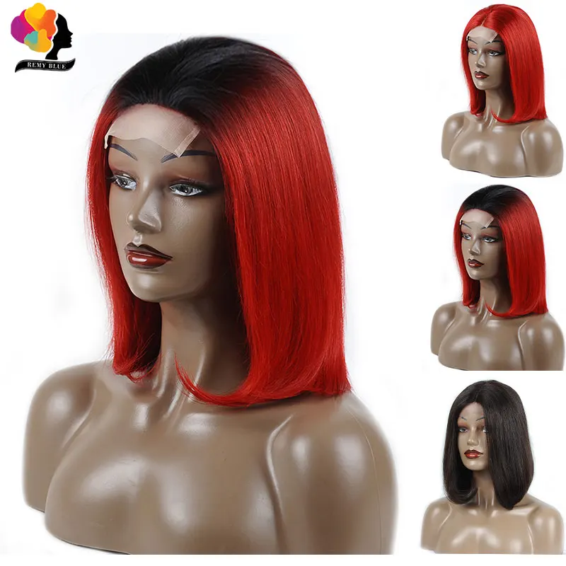 Remyblue Short Bob Red Straight 13X4 Lace Front Human Hair Wig Pre Plucked Hairline Peruvian Remy Burgundy Wig With Baby Hair