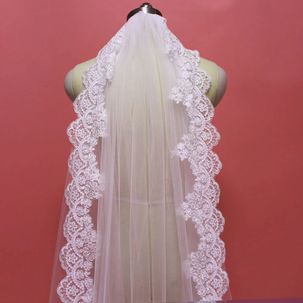 High Quality 2 Meters Sparkling Sequins Lace Wedding Veil 2M One Layer Soft Tulle Bridal Veil with Comb Voile Mariage 2019 Veu High Quality 2 Meters Sparkling Sequins Lace Wedding Veil 2M One Layer Soft Tulle Bridal Veil with Comb Voile Mariage 2019 Veu