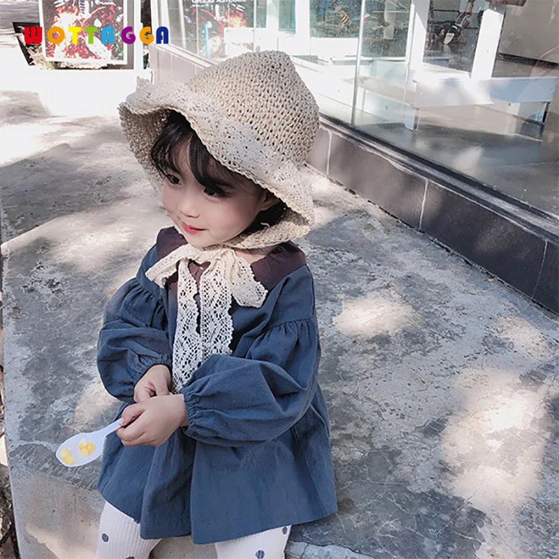

2019 WOTTAGGA Spring Korean Girl Dress Puff Sleeve Ball Gown Cute Turn-off Collar Kid's Dress