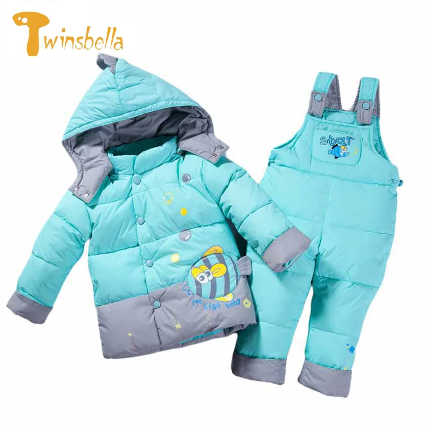 TWINSBELLA 2018 New Toddler Clothes Sets Down Jacket Winter Hooded Long Sleeve+Pants 2PCS Cartoon Print Warm Costume For Baby