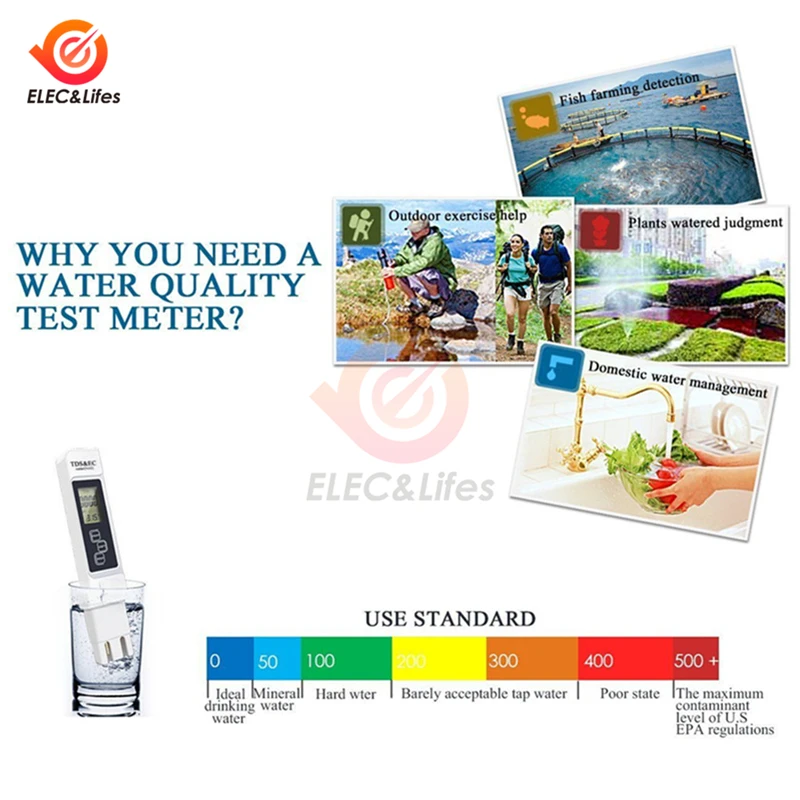 Water Tester Portable TDS EC Meter Temperature Tester pen 3 In1 Function Conductivity Filter Measuring Water Quality Purity Tester 0-9990ppm