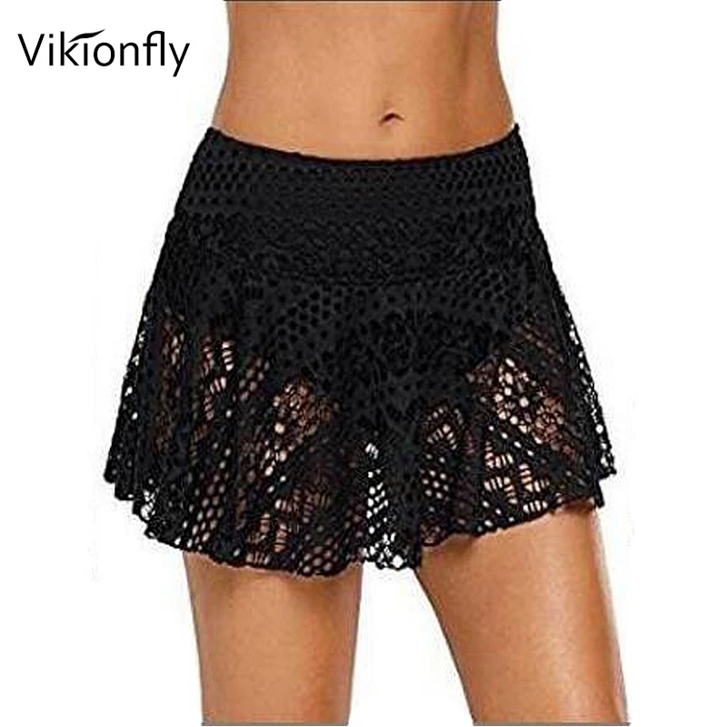 

Vikionfly Lace Up Beach Dress Bikini Bottom Surfing Shorts With Skirt Women's Swimming Trunks Crochet High Waist Swimwear Pants