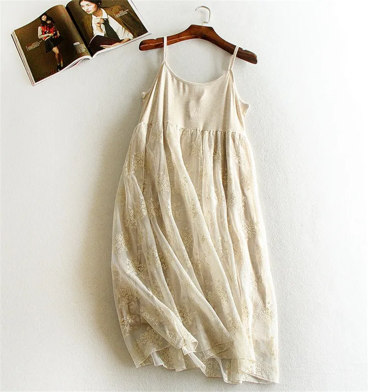 

2017 New Women Sexy Spaghetti Strap Mesh Dress Spring Summer Gauze Lace Embroidery Dress Basic Sundress Party Vestidos SF313