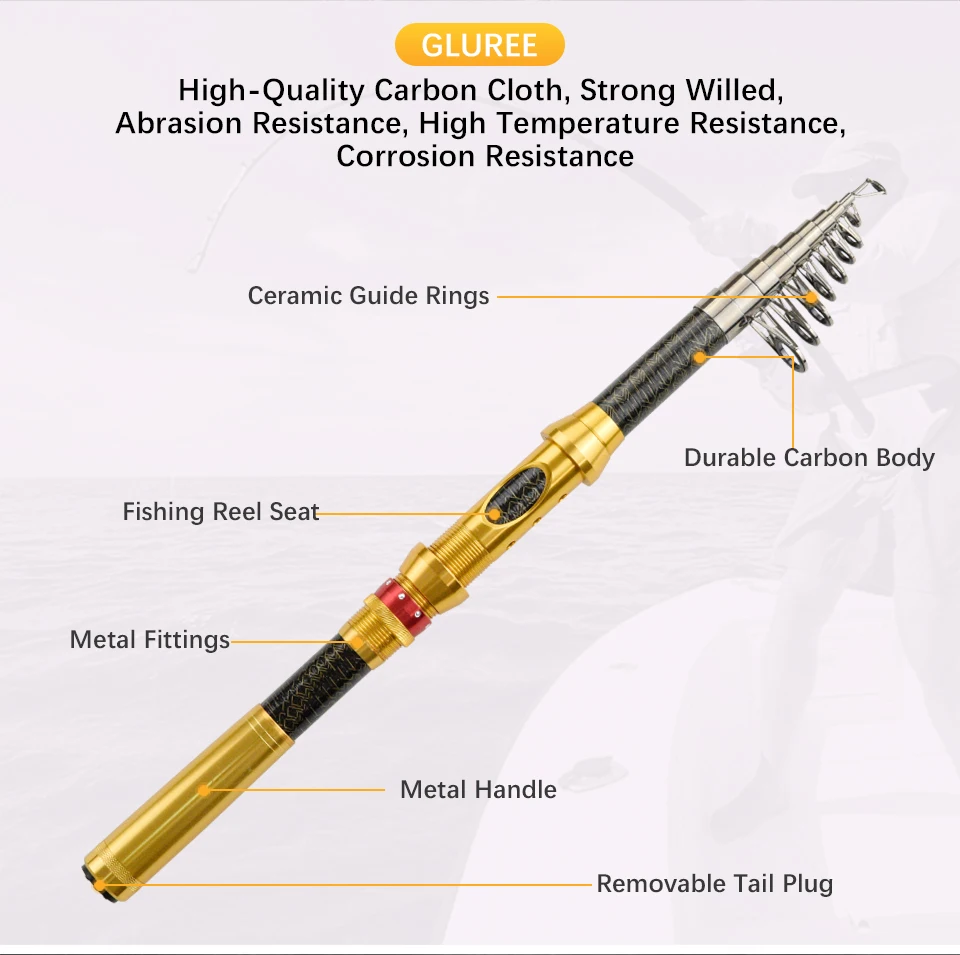 GLUREE 99%Carbon Portable Telescopic Fishing Rod Sea Rod1.82.12.42.73.0M Ocean Rod Spinning Fishing Tackle Golden Handle (8)