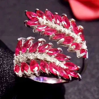 

Natural real ruby or emerald leaves style ring Free shipping 925 sterling silver 0.18ct*28pcs gemstone Fine jewelry Y8041804