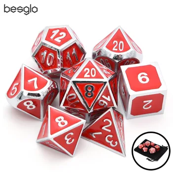 

7pcs/set Silver with Red Enamel Metal Dice with Drawstring Pouch for RPG DnD Pathfinder Board Games