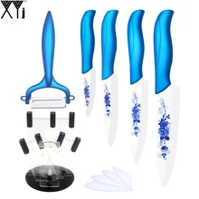 Flower Pattern Blade Ceramic Knife 6 Set Peeler Cooking Accessories + Acrylic Kitchen Knife Stand + XYJ Brand 3″ 4″ 5″ 6″ Knife