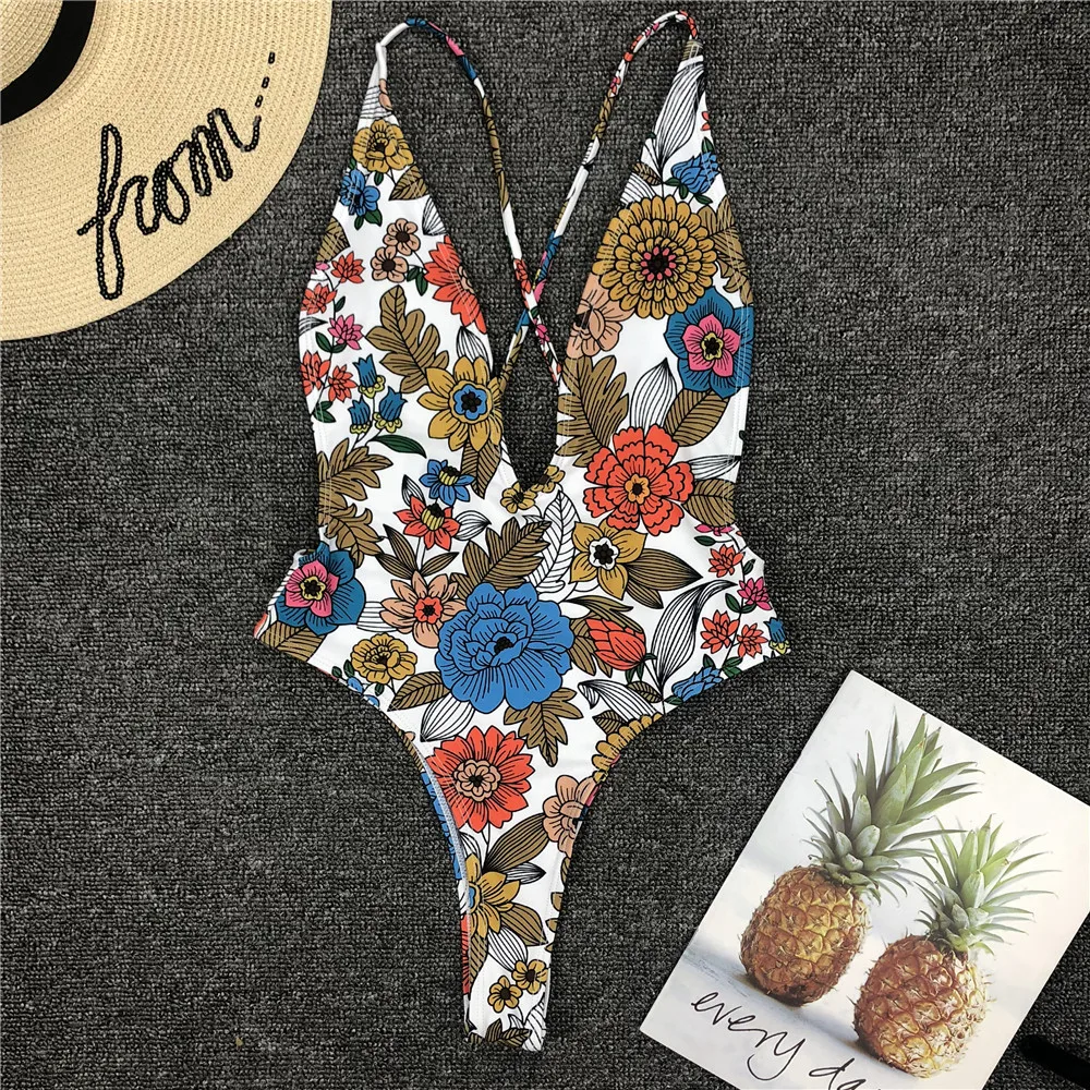 

One Piece Swimsuit 2019 Printed Swimwear Women Sexy V Neck Swimsuit Women Backless Cross Bandage Monokini Mayo