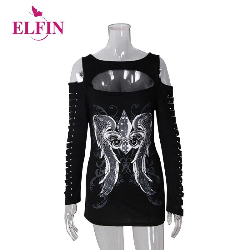 

2018 Fashion Women Bodycon T-Shirts Long Sleeve Hollow Out Tops Print Wings Tops Tee Casual Hole Harajuku Girls Punk LJ9170R