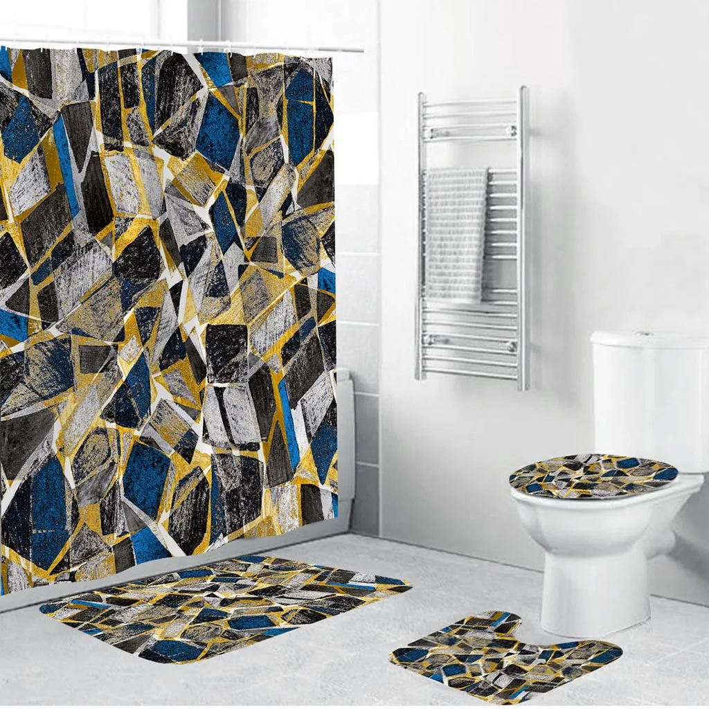 

4Pcs Bath Mat Set Bathroom Mat Set Contour Rug Toilet Lid Cover Non Slip Toilet Polyester Cover Mat Set Bathroom Shower Curtain