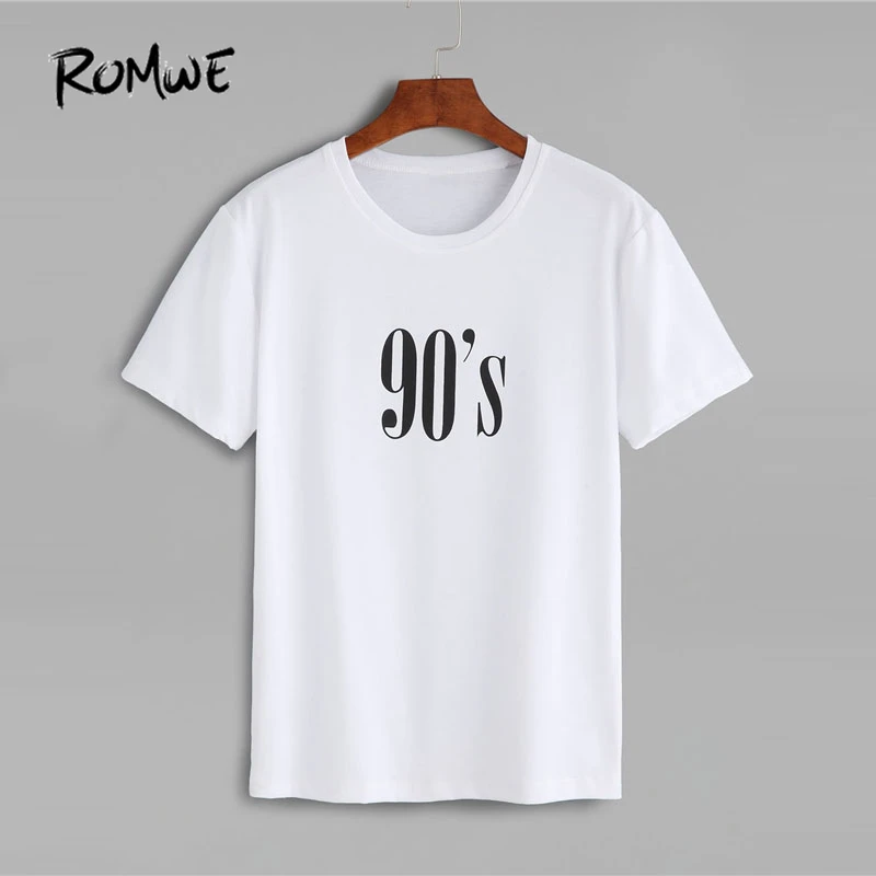 

ROMWE White Number Print T-shirt New Design Summer Round Neck Letter Female Women Top Short Sleeve Casual T-shirt
