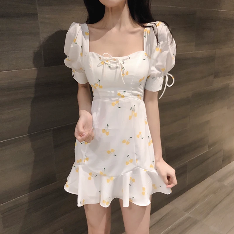 

2019 New Women Summer Boho Short Mini Dress Square Neck High Waist Evening Party Beach Dresses Sundress
