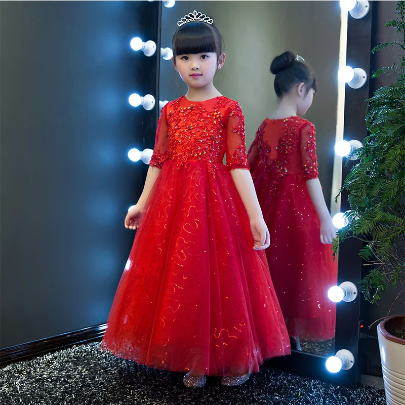 2017 New Korean Sweet Luxury White Red Color Children Girls Princess Lace Dress Summer Embroidery Flowers Wedding Birthday Dress