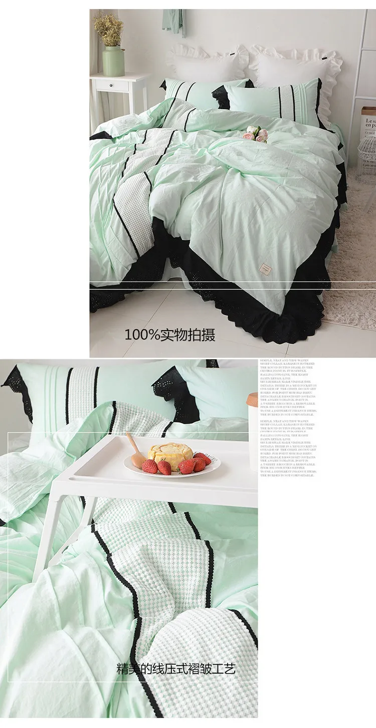Роскошный комплект постельного белья из чистого хлопка с черным кружевом для дома; Комплект постельного белья для принцессы; корейский комплект постельного белья с рюшами; мятно-зеленый чехол для подушки