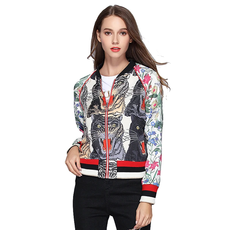 Floral Bomber Jacket Women Spring Embroidered Print Thick Long Sleeve