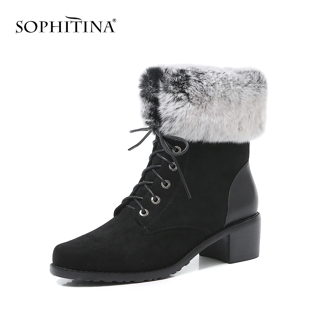 

SOPHITINA 2019 Warm Winter Boots Kid Suede Shoelace Square Heel Woman Boots Warm Soft Natural Fur Skidproof Outsole Boots PGM47