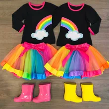 Одежда для девочек, топы с круглым вырезом и радугой для маленьких девочек, юбка-пачка, костюм для сестренки, повседневный комплект одежды, vetement enfant fille