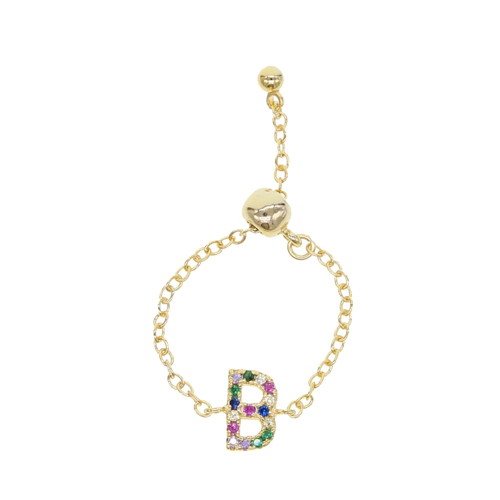 26 Initial Alphabet Charm chain adjust ring Gold color rainbow cz paved letter personalized finger ring fashion