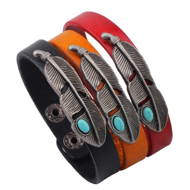 

Wholesale Punk Vintage Genuine Leather Bracelet Bangle Bohemia Feather leaf Wristband For Women Men Bracelets Gift