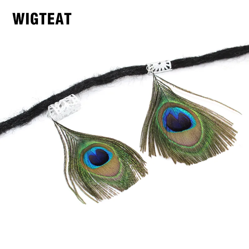 

Adjustable Micro Hair Dread Braids Dreadlock Beads National style Peacock Feathers Pendant Cuffs clips for Hair DIY accessories