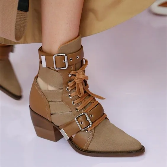 

Genuine Leather Luxury Design Pointed Toe Short Hollowed Boots Women Fashion Ankle Square Heel Boots