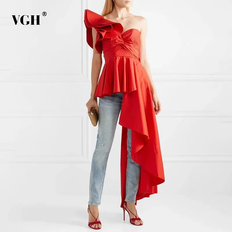 

VGH Hem Asymmetric Off Shoulder Women's T Shirt Slim Backless Bow 2019 Summer Solid Clothing Top Female Fashion New Streetwear