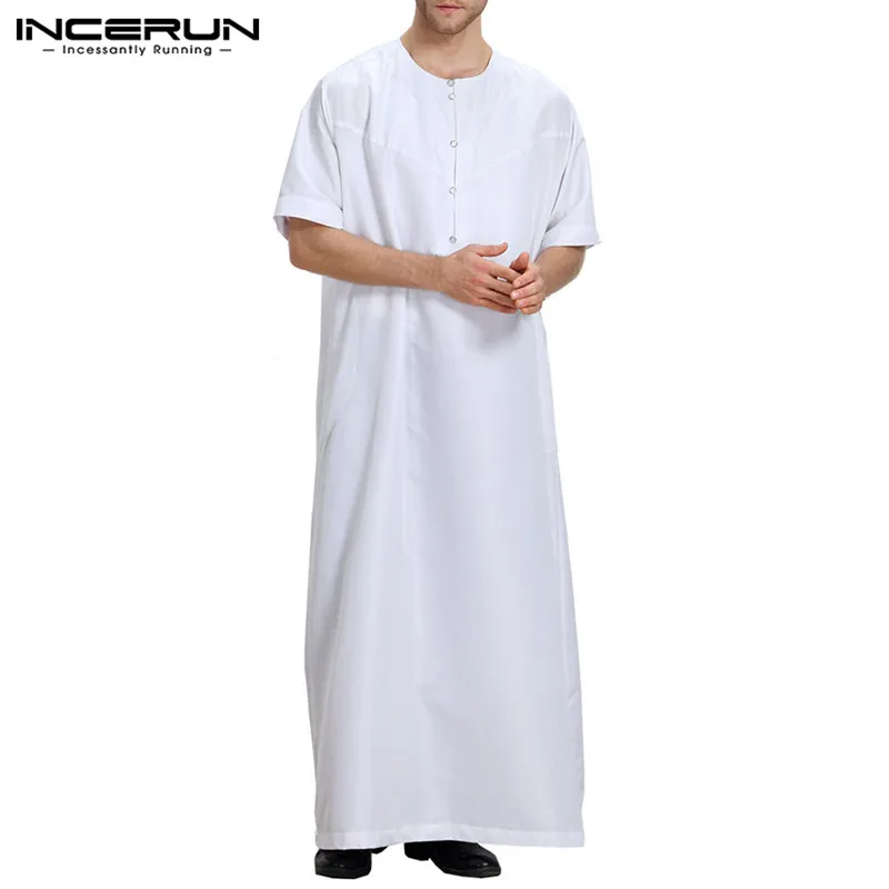 INCERUN,, мужские иаламские мусульманские Арабские кафтаны, мужские рубашки с коротким рукавом и пуговицами, Арабский Кафтан Дубай, мужская одежда - Цвет: White