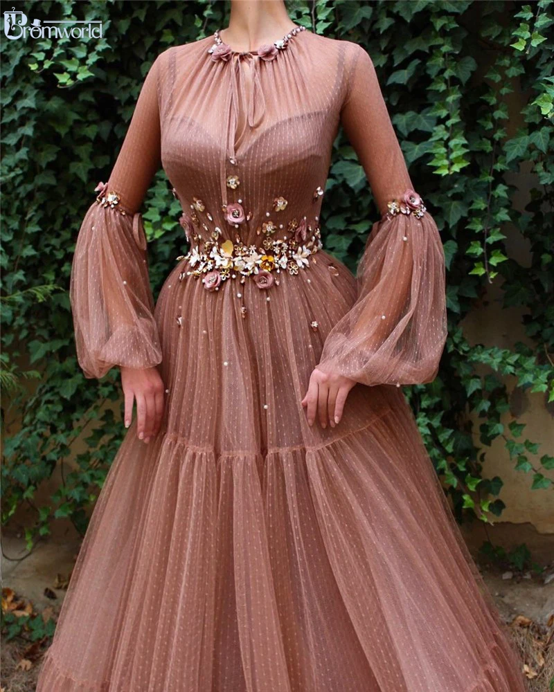 Blush Muslim Evening Dresses A-Line Long Sleeves Flowers Tulle Islamic Dubai Kaftan Saudi Arabic Elegant Long Evening Gowns