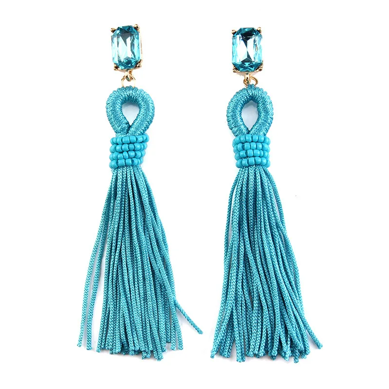 Popular Ornaments Red Long Crystal Beads Tassel Drop Earrings Ethnic
