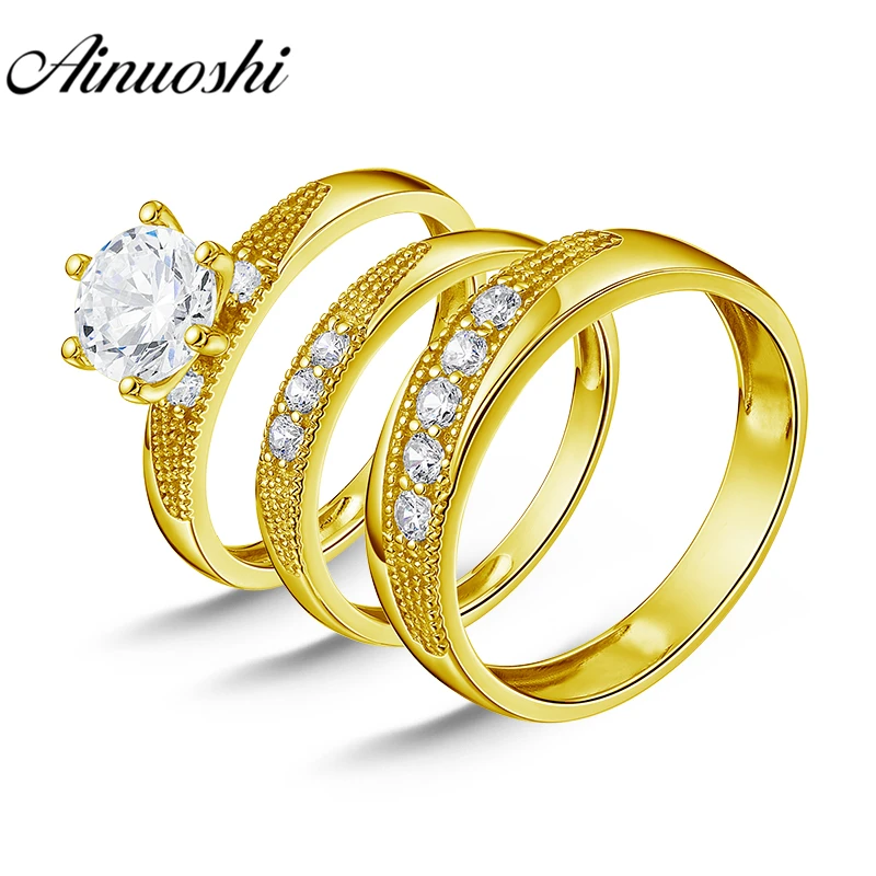 

AINUOSHI 6.7g Real Gold TRIO Rings Bridal Rings Set Brilliant Dots Engagement Jewelry 10K Yellow Gold Couple Wedding Ring Set