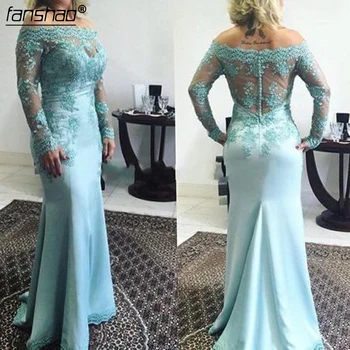 

Sky Blue Evening Dress Illusion Party Dress Long Sleeve Boat Neck Mermaid Formal Gowns Appliques Prom Dresses Vestido de noiva