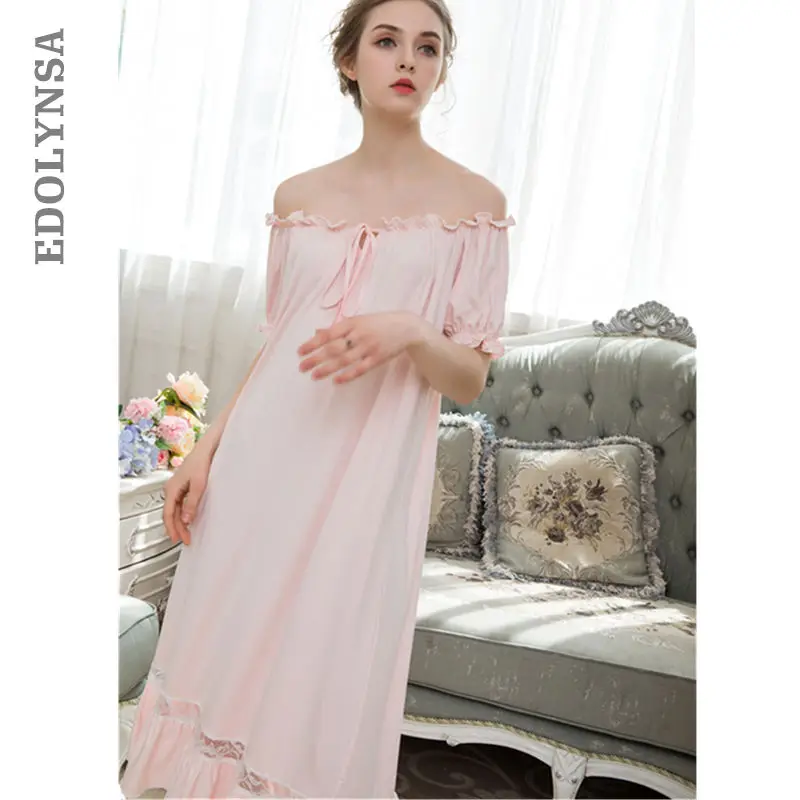 

Brief Off The Shoulder Sleepshirts Lantern Sleeve Pink Cotton Nightgown Long Sleepwear Sexy Home Dress Nightwear Plus Size T157