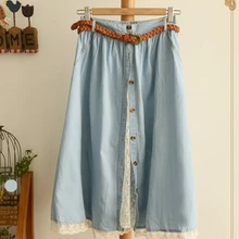 Кружевные однотонные джинсовые юбки с эластичной резинкой на талии и пуговицами в стиле пэчворк mori girl