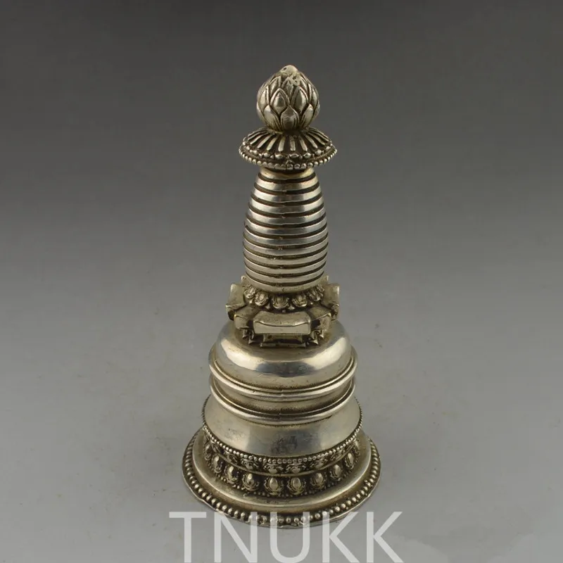 

Collectible home Decorated Old Handwork Tibet Silver Carved Lotus pagoda metal handicraft.