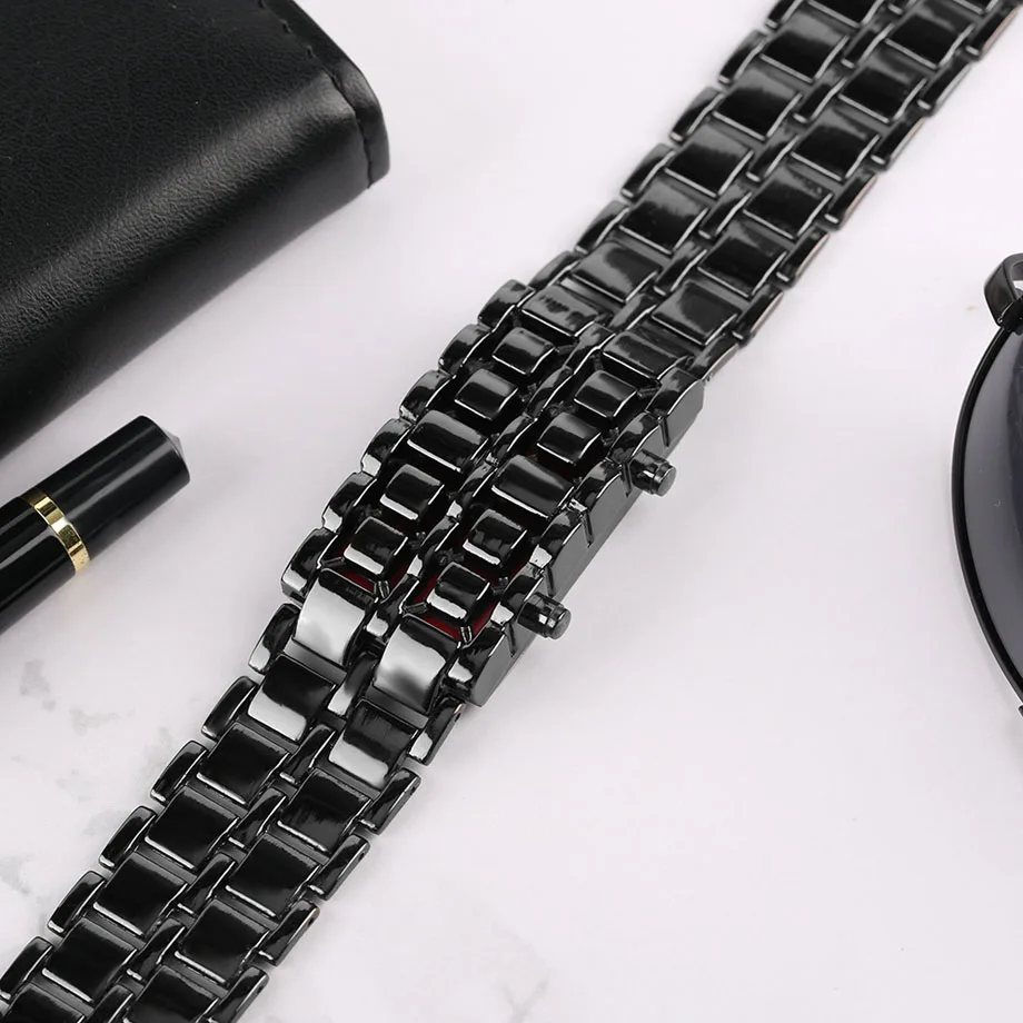 Cool Iron Samurai Japanese-inspired Red LED Digital Watch Men Faceless Design Bracelet Date Wristwatch Sport Relogio Masculino  (13)