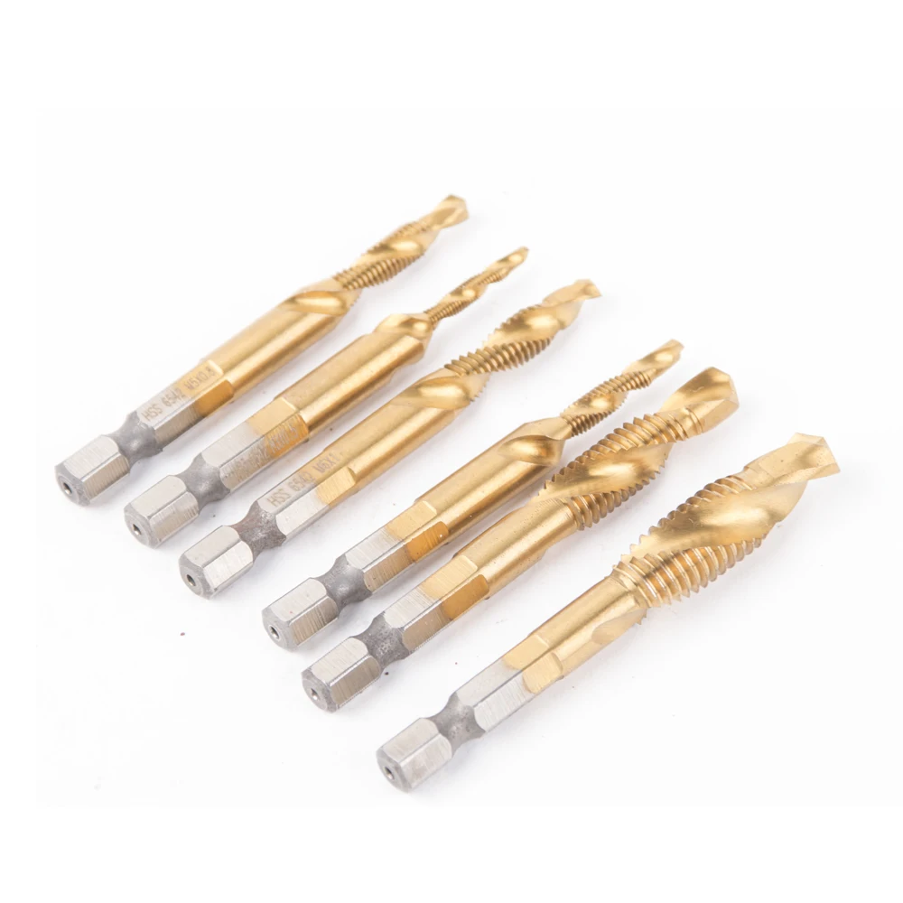 

6Pcs M3-M10 HSS Hole Saw OPener Functional Metric Stainless Steel Spiral Tap Combined Tap Drill Titanizing Chamfering Bit Set