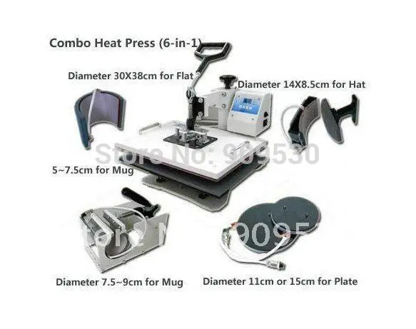 Multifunctional Combo Heat Press Machine for sublimation transfer for mug t-shirt cap plate printing 6 in 1 DX0601