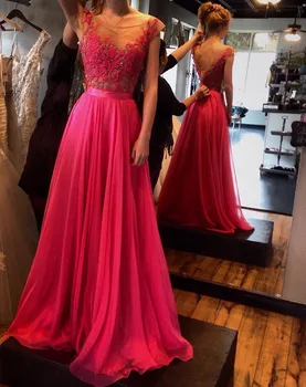 

A line vestidos de formatura Appliques Scoop Cap Sleeve Cheap Evening Gowns 2018 Long Elegant Backless Red Prom Dresses